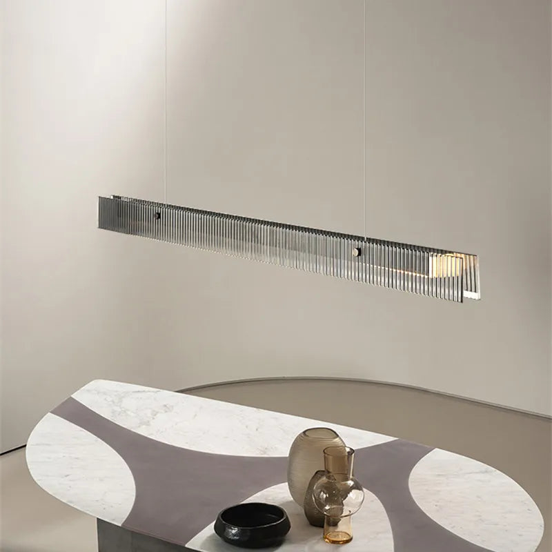 Lustre design de luxe en acier inoxydable et cristal minimaliste longue bande - vue 5 sur 8