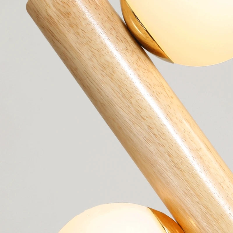 Lustre suspendu en bois massif avec boules de verre blanc lait - vue 5 sur 11