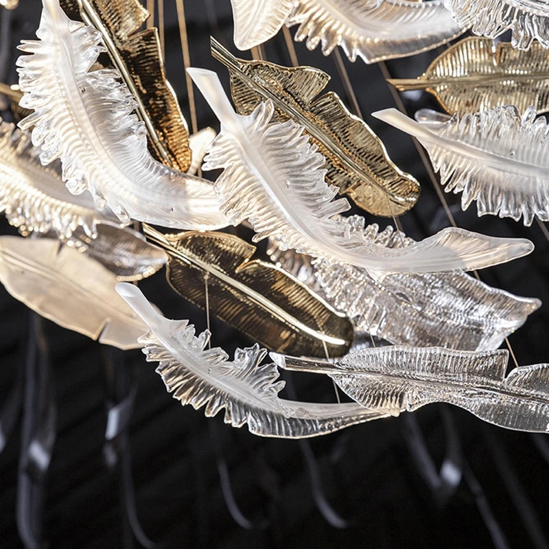 lustre plume en cristal led moderne en acier inoxydable