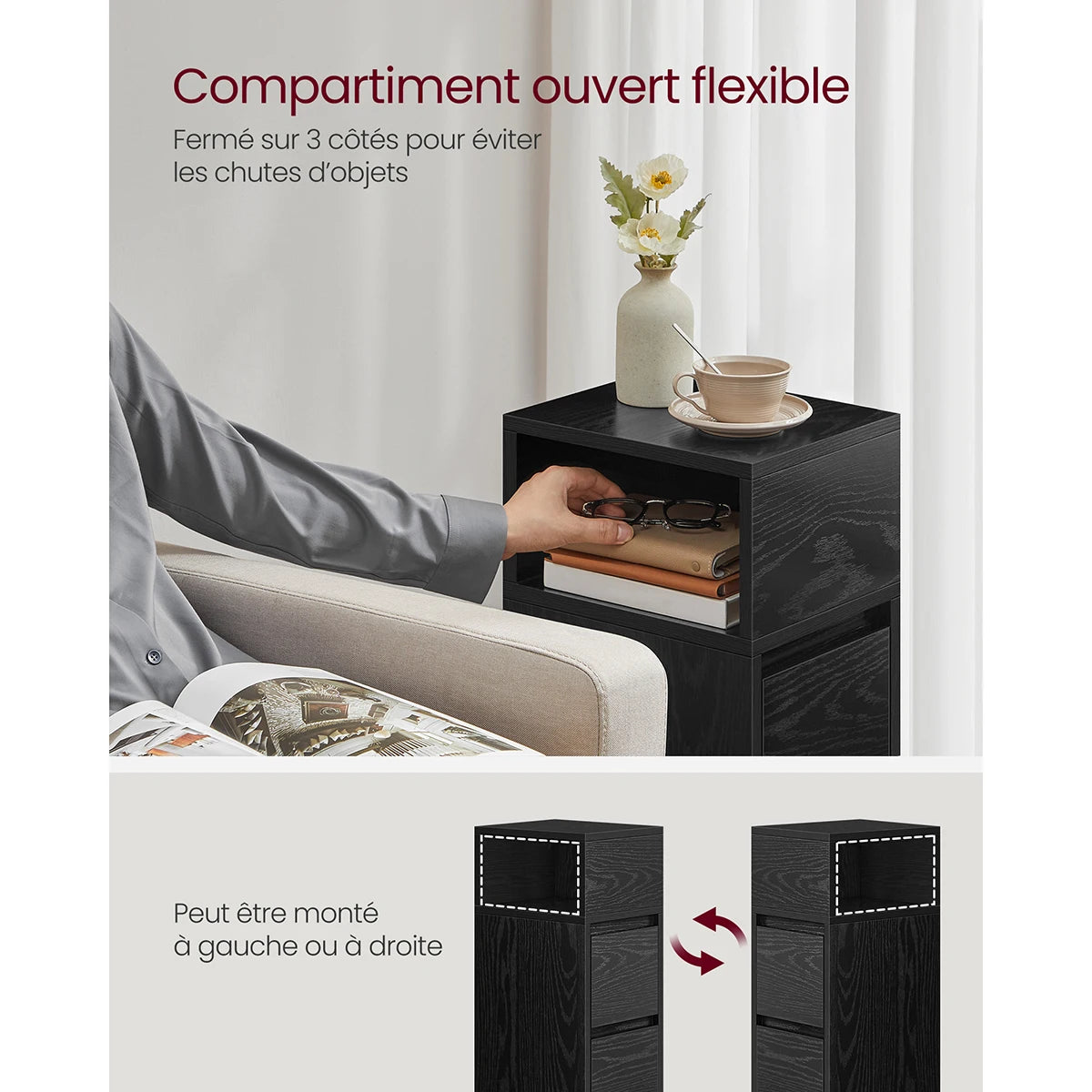 VASAGLE Slim Bedside Tables, Set of 2, Small Narrow Side End Tables with 2 Drawers, 1 Open Compartment Mounted to Face Left - vue 5 sur 9