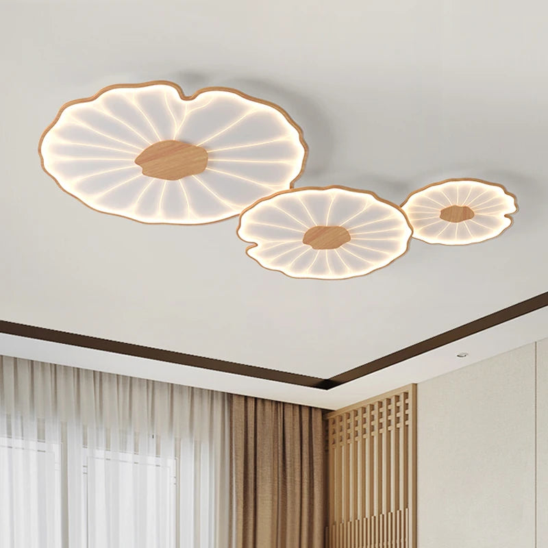 plafonnier moderne à grain de bois pour salon chambre à coucher étude crèche pour enfants conception de feuille de lotus lustre à LED en métal