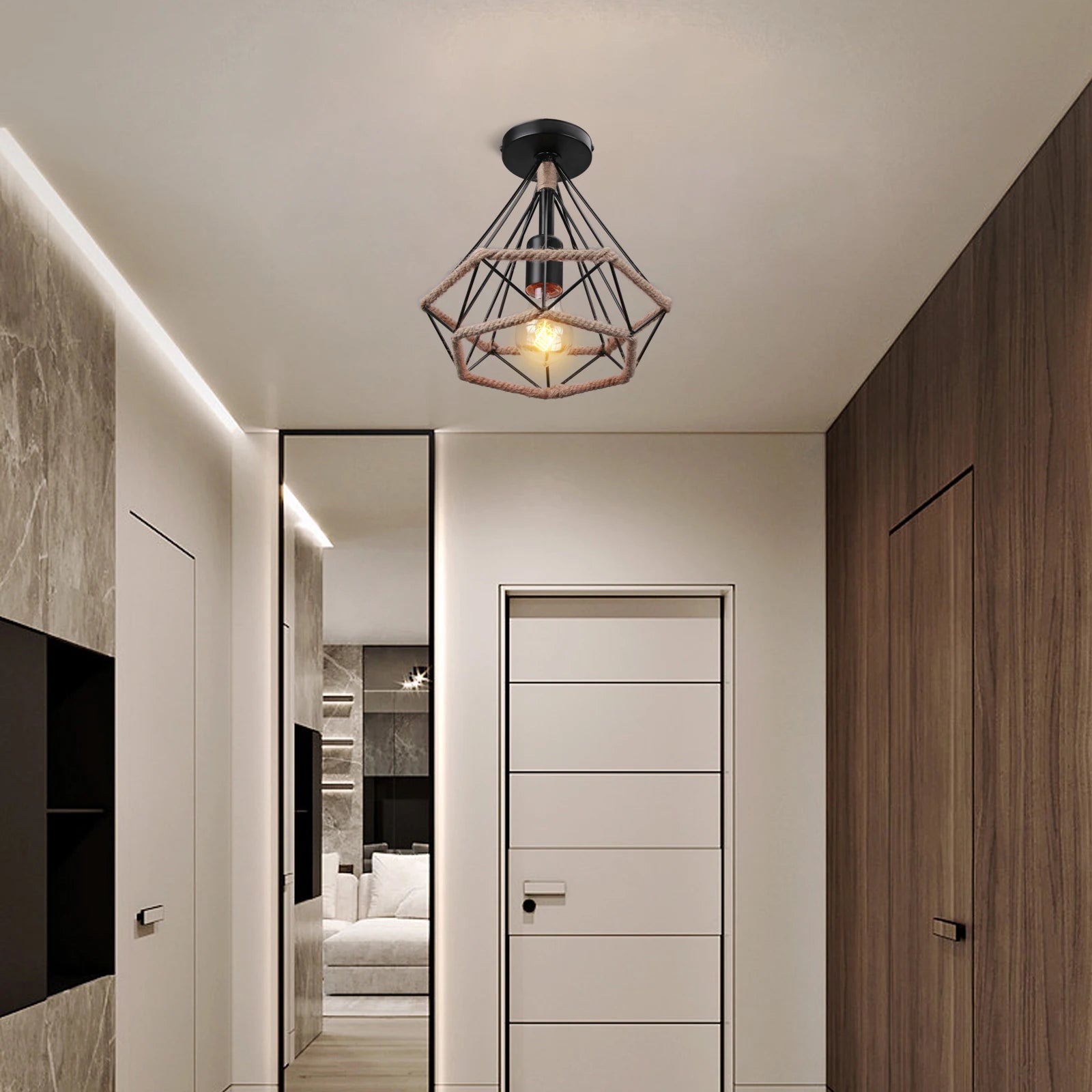 lustre de plafond en corde de chanvre fait main style industriel rétro - vue 6 sur 15