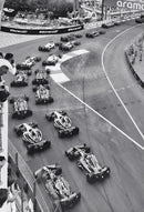 affiche vintage personnages de voitures de sport F1 en noir et blanc