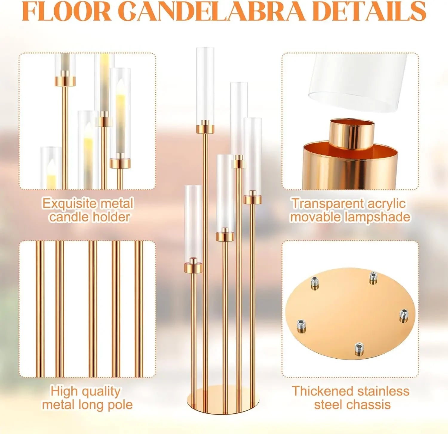Floor Candelabra 5 Arm 42.5'' Tall Gold Candle Holder, Candelabra Centerpieces for Tables, Metal Candlestick Set with Acry - vue 3 sur 6