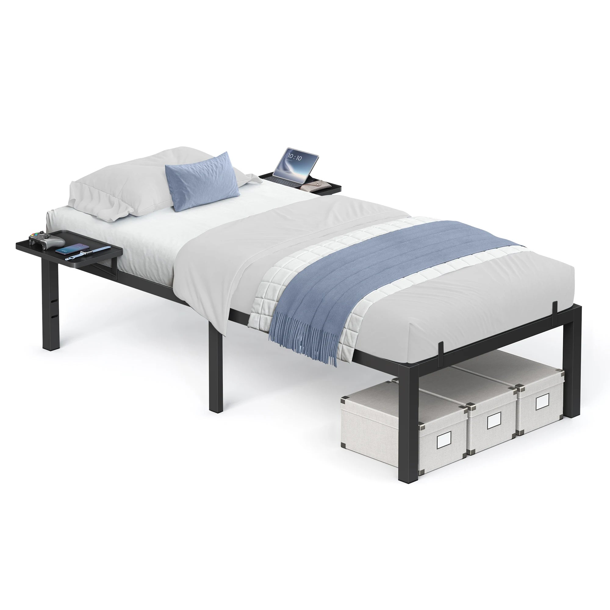 VASAGLE Single Bed Frame, Metal Bed Frame, with Bedside Shelves, Guest Bed Frame, for 90 x 190 cm Mattresses, Easy Assembly - vue 3 sur 7