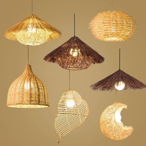 Chinese rattan pendant light, hand woven straw hat lampshade pendant light, living room decoration, indoor lighting fixtures - vue 3 sur 14