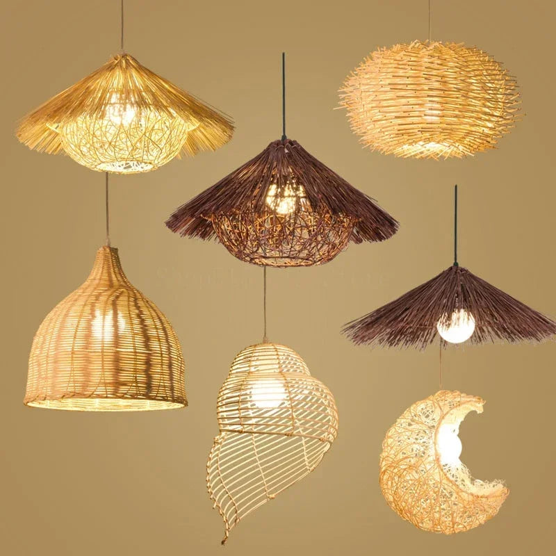Chinese rattan pendant light, hand woven straw hat lampshade pendant light, living room decoration, indoor lighting fixtures - vue 2 sur 14