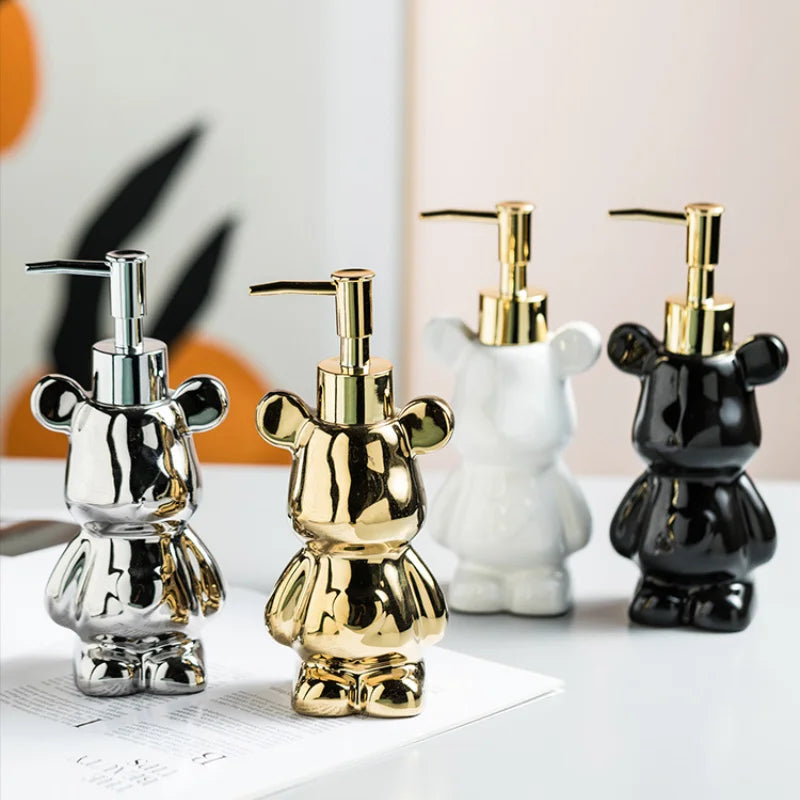 Bear Shape Ceramics Soap and Gel Dispenser, Creative Gold Silver, 200ml Empty Shampoo Bottle, Bathroom Storage Accessories - vue 3 sur 10
