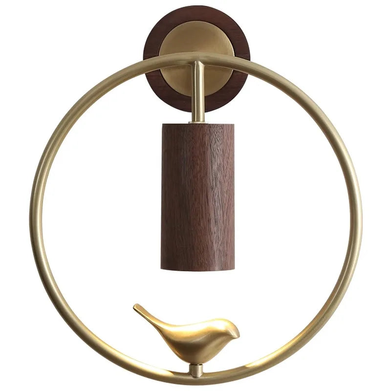 Walnut Wood Circle Brass bird, Wabi-sabi Modern style, Wall Sconce light for Bedroom, Bedside, Living, Recreation, Study - vue 7 sur 8