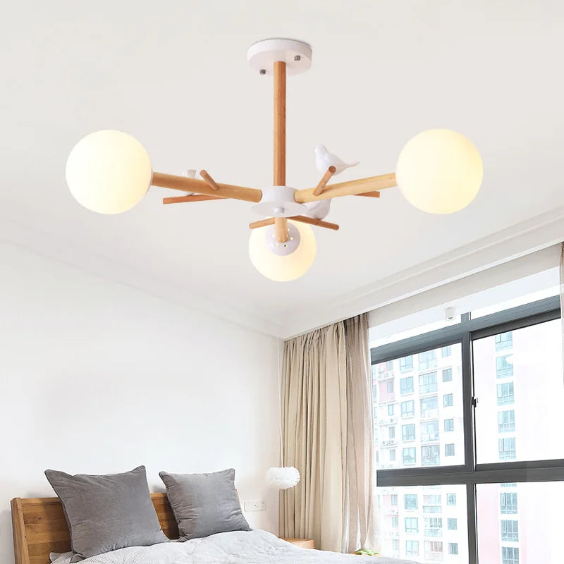 lustre en bois naturel avec abat-jour rond en verre moderne