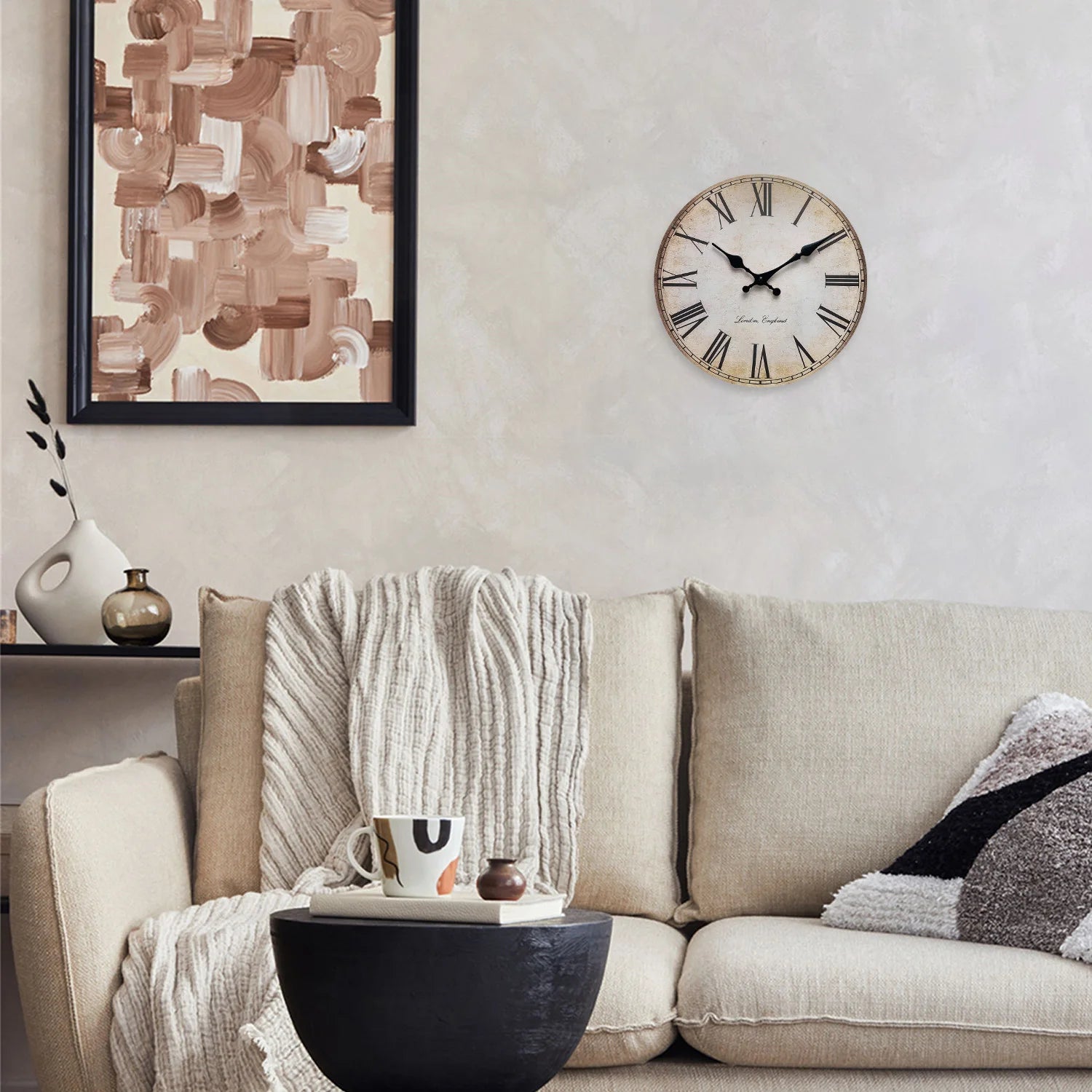 horloge murale en bois rétro à chiffres romains silencieuse et décorative - vue 6 sur 7