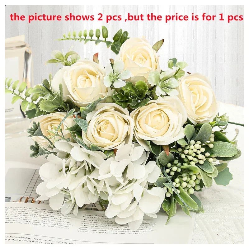 bouquet de fleurs artificielles roses et hortensias décoratifs pour saint-valentin - vue 13 sur 14