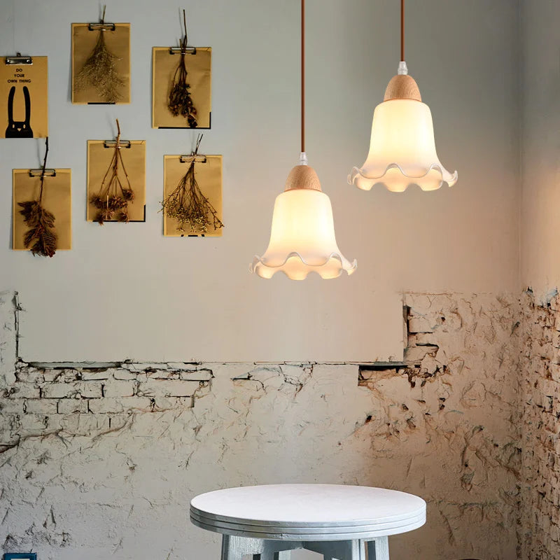 lustre nordique led suspendu moderne en bois et verre - vue 6 sur 13