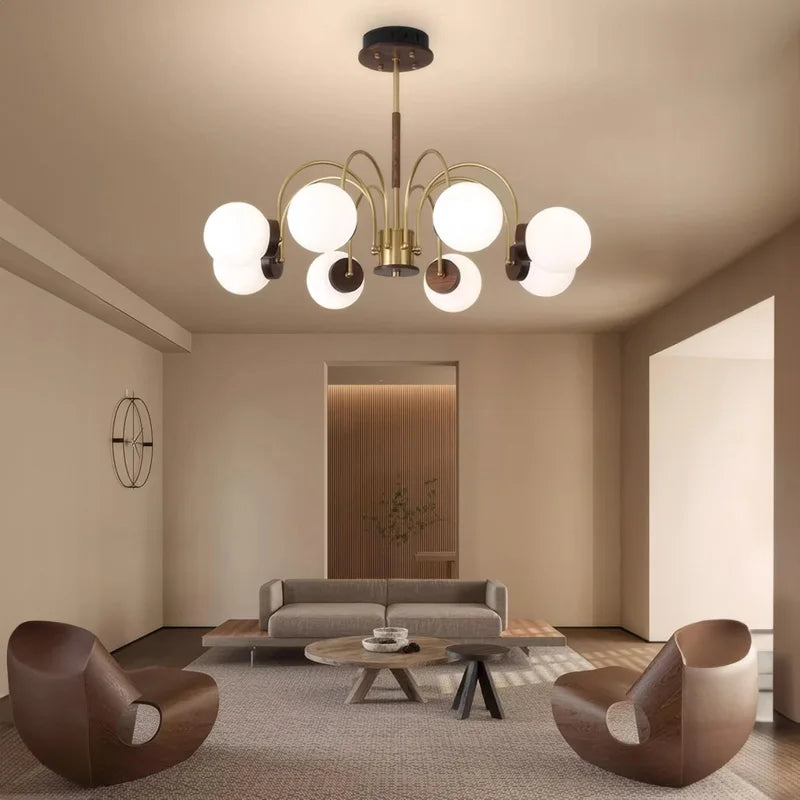 Walnut Wood chandelier lights, Wabi-sabi Modern style, Living Room lighting for Bedroom, Bedside, Living, Dining Room, Showcase - vue 3 sur 9