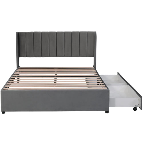 VSOGA Upholstered Bed 180 X 200 Cm Velvet With Slatted Backrest 2 Drawers, Black，160 X 200 Cm, Gray - vue 8 sur 8