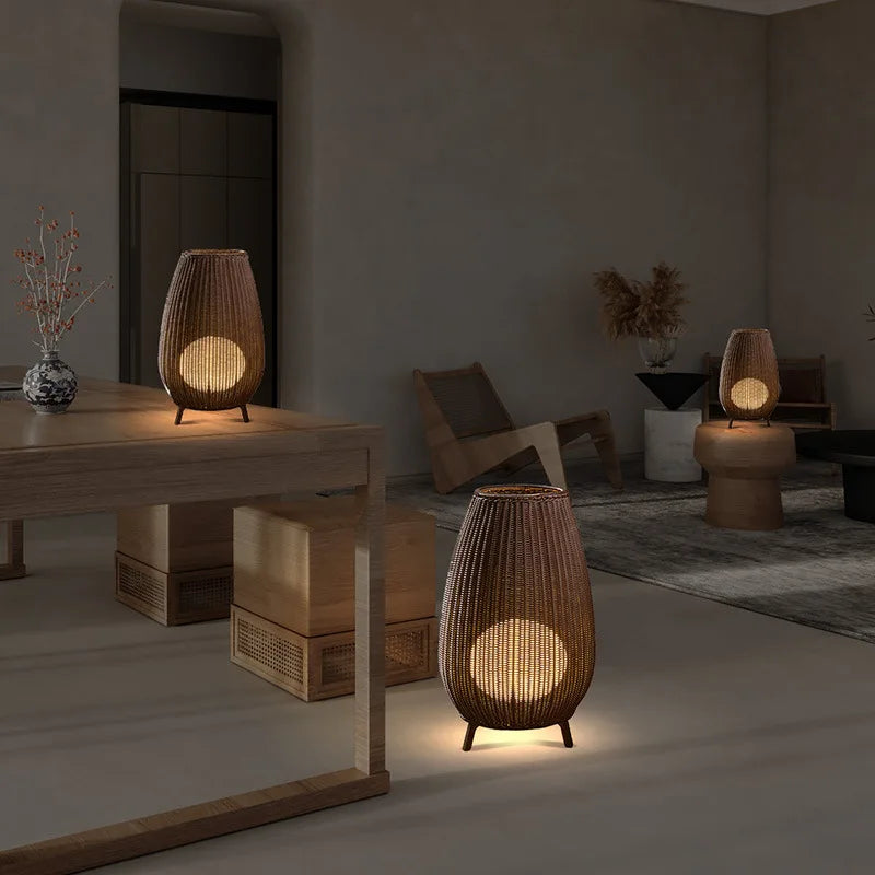 Lampadaire style asiatique en rotin naturel - vue 4 sur 12