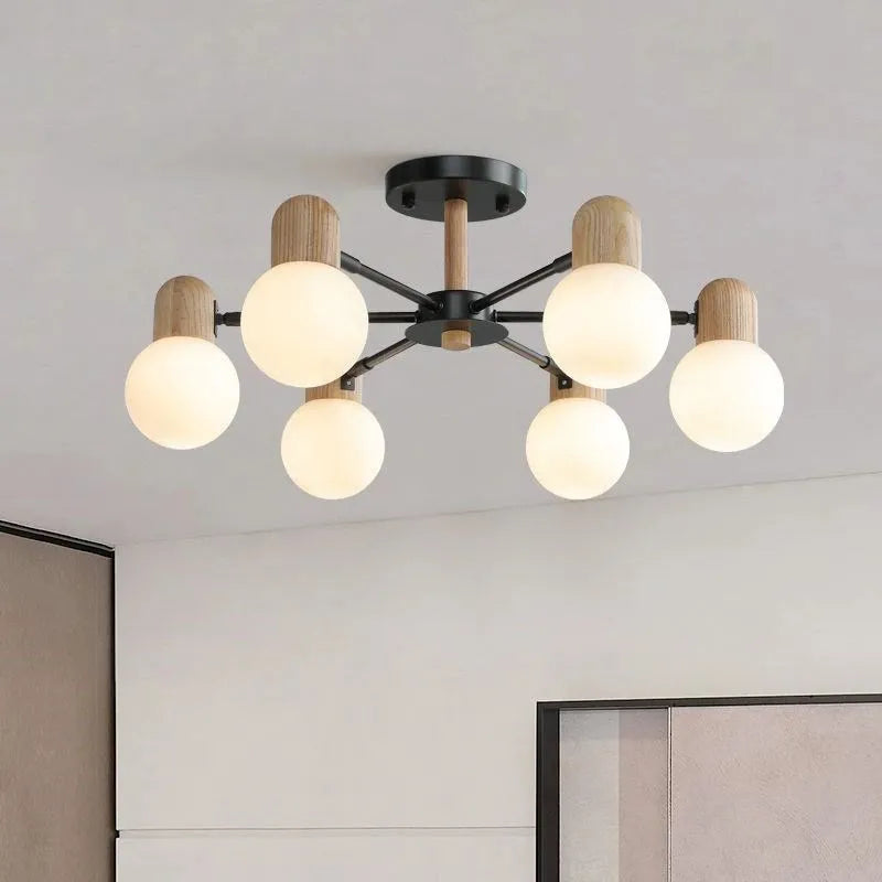 Plafonnier LED en bois au design nordique multi-têtes - vue 2 sur 9