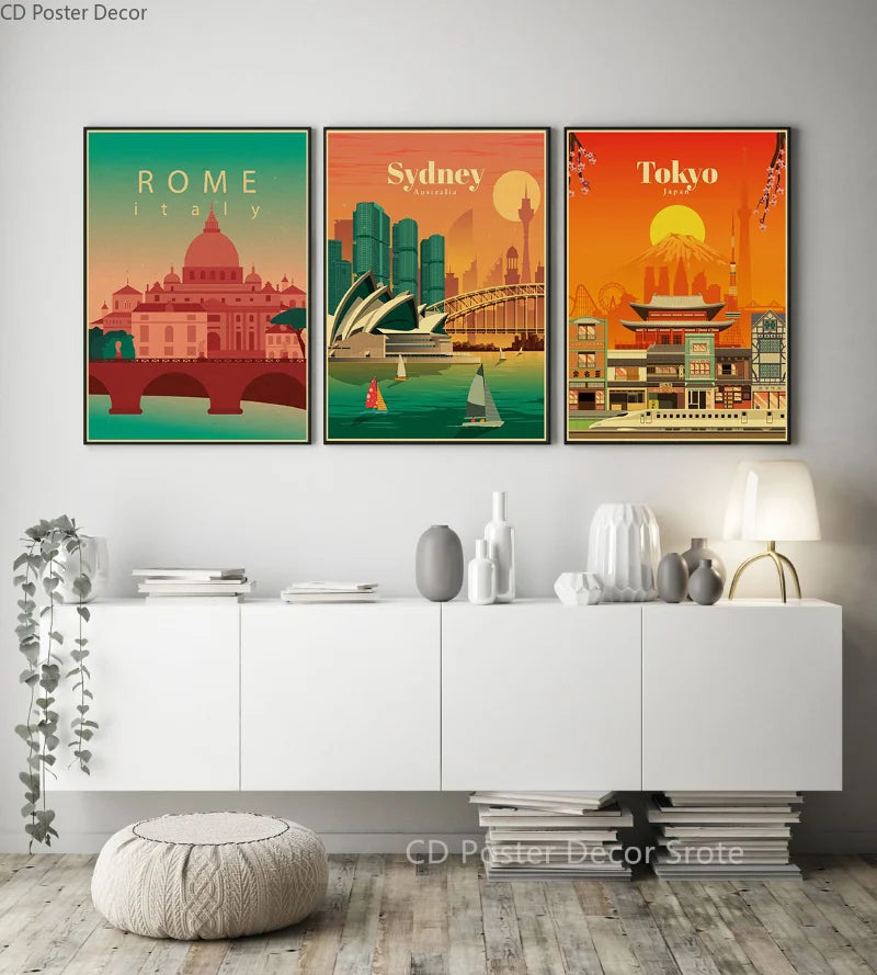 affiche rétro des villes du monde art mural décoratif