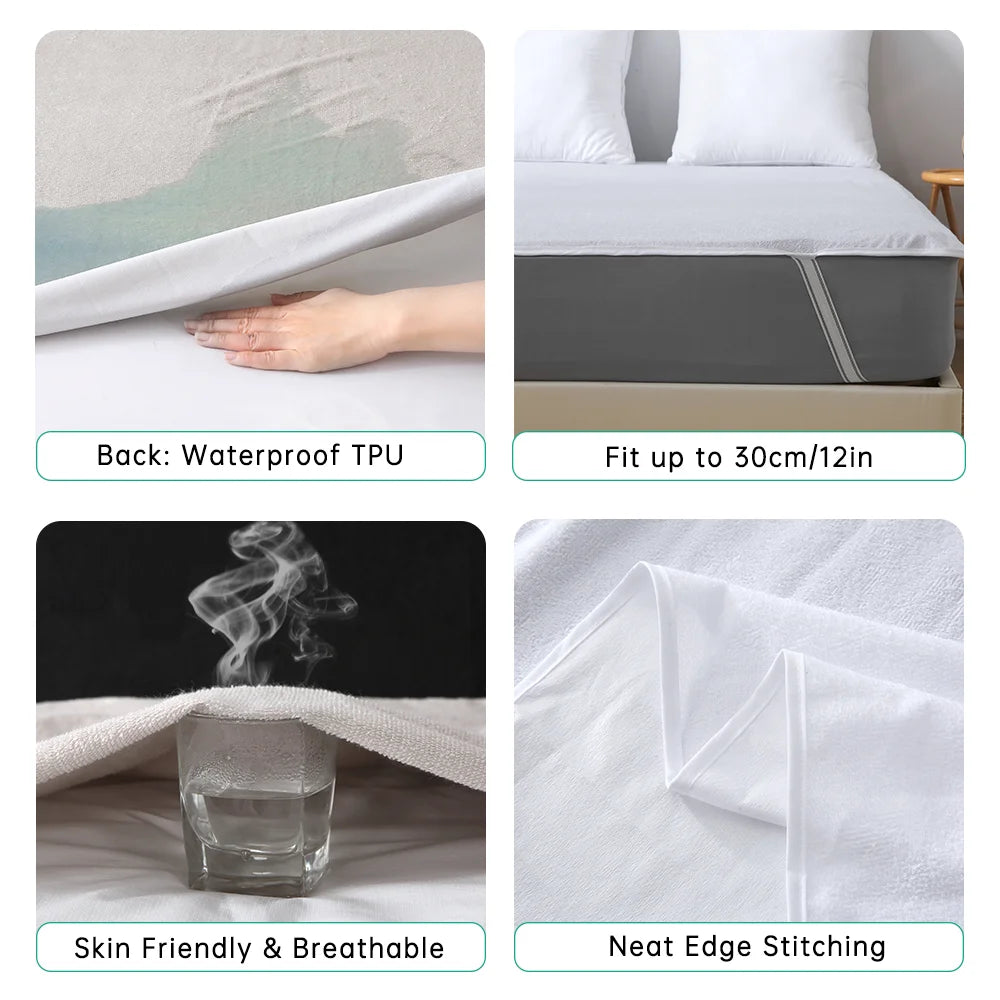 1pc Soft Lightweight Thin Mattress Cover with Elastic Bands, Waterproof Terry Cloth Fitted Sheet, Grey/White - vue 4 sur 6