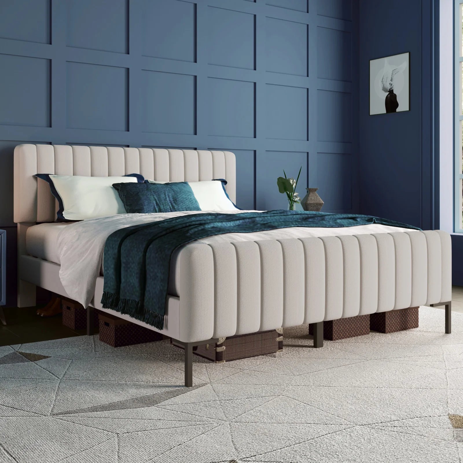 Double Bed, Beige Linen Fabric, with Adjustable Headboard and Slatted Frame, Youth Bed, for Bedroom, Guest Room, 160 x 200 cm