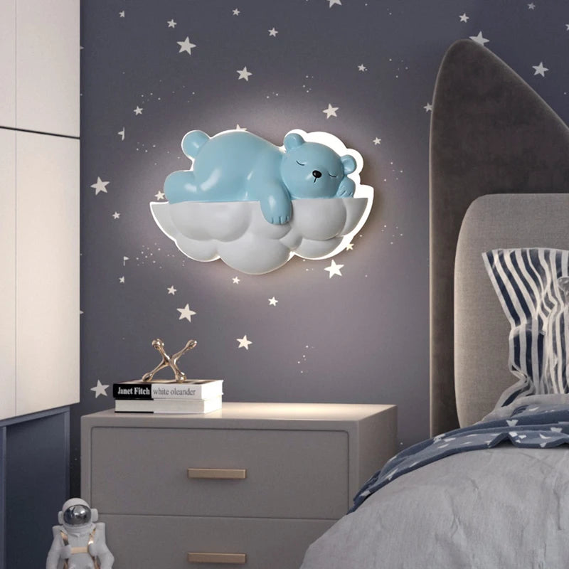Ours polaire lumière dessin animé enfants appliques murales pour chevet télécommande gradation chambre lampe de nuit pour chambre d'enfant princesse - vue 4 sur 9