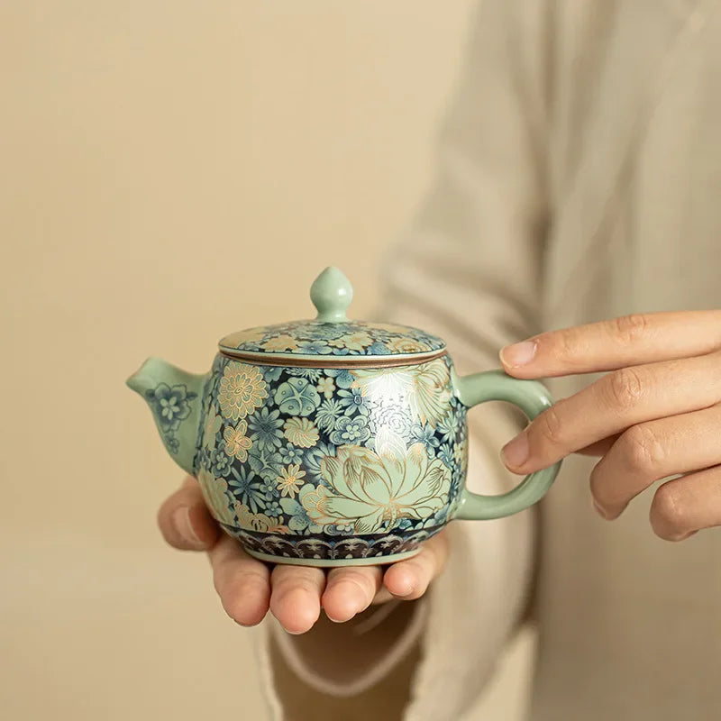 theiere ru kiln motif pivoine service kung fu - vue 3 sur 6