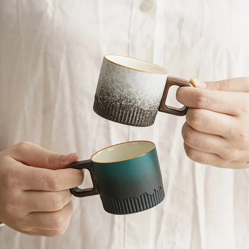 tasse café artisanale céramique vintage anse bois 60ml