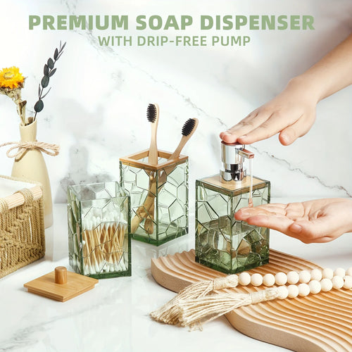 Bathroom Accessory Set, Acrylic Bamboo Accessories, Includes Toothbrush Holder, Soap Dispenser, Cotton Swab Holder, Soap Dish, T - vue 3 sur 7