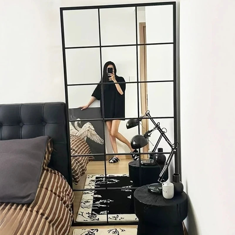 French retro decorative full-length mirror, square lattice false window to increase the sense of space, wall-mounted household m - vue 2 sur 10