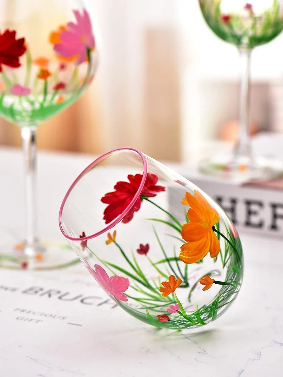 Verres à vin hauts motifs floraux peints main - vue 6 sur 6
