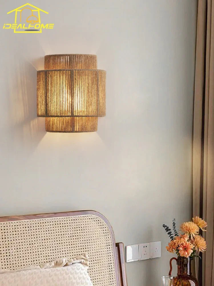 applique murale japonaise rétro en rotin tissé pour intérieur moderne