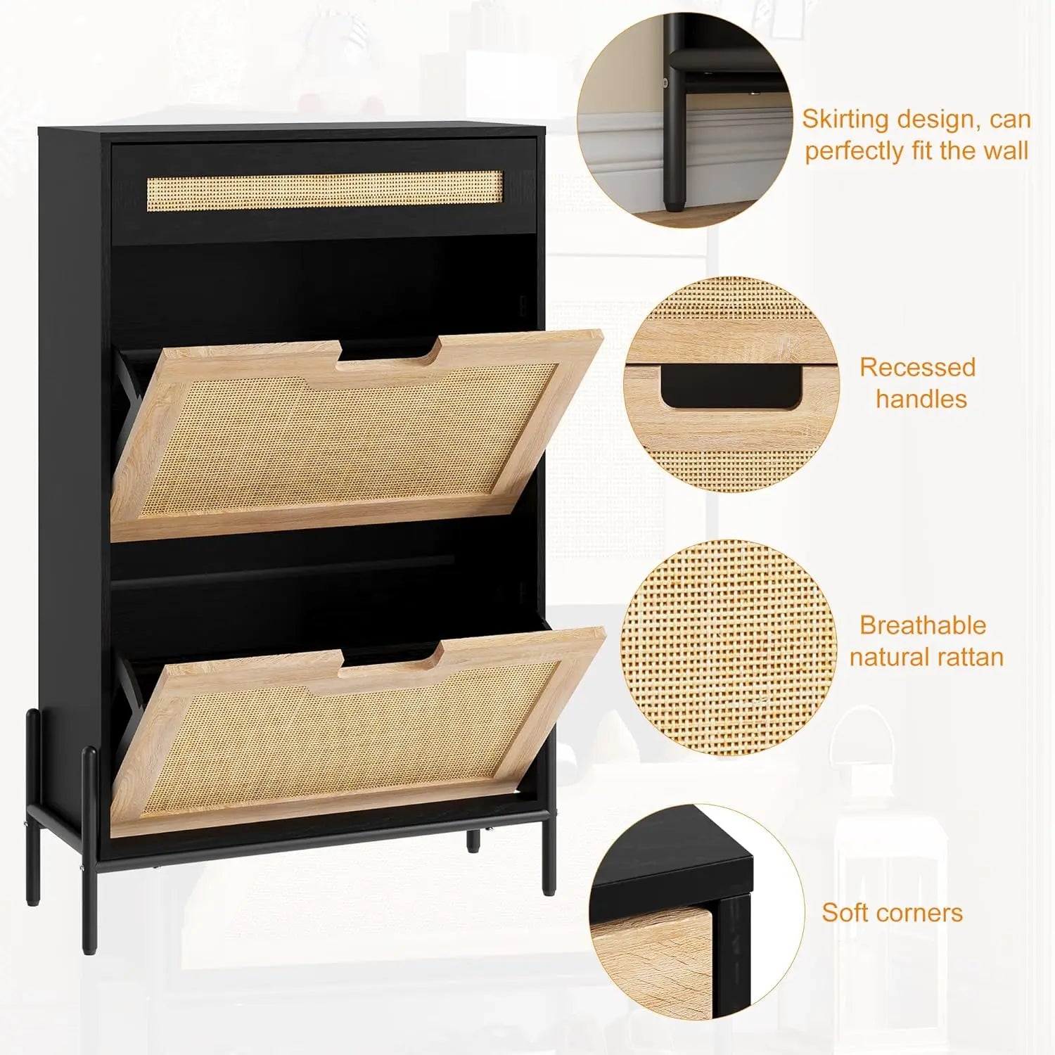 Natural Rattan Storage Cabinet with 2 Flip Door 1 Drawer Freestanding Entrance Shoe Cabinet, Modern Narrow Entry Way Cabinet - vue 5 sur 6