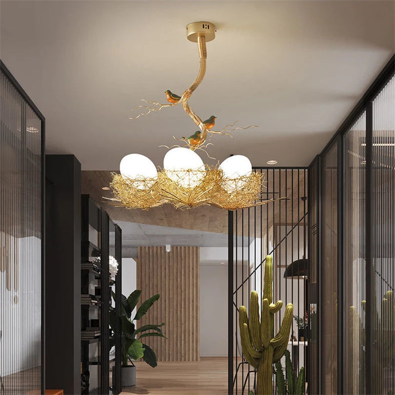 lustre moderne led en forme de nid d'oiseau en verre - vue 7 sur 15