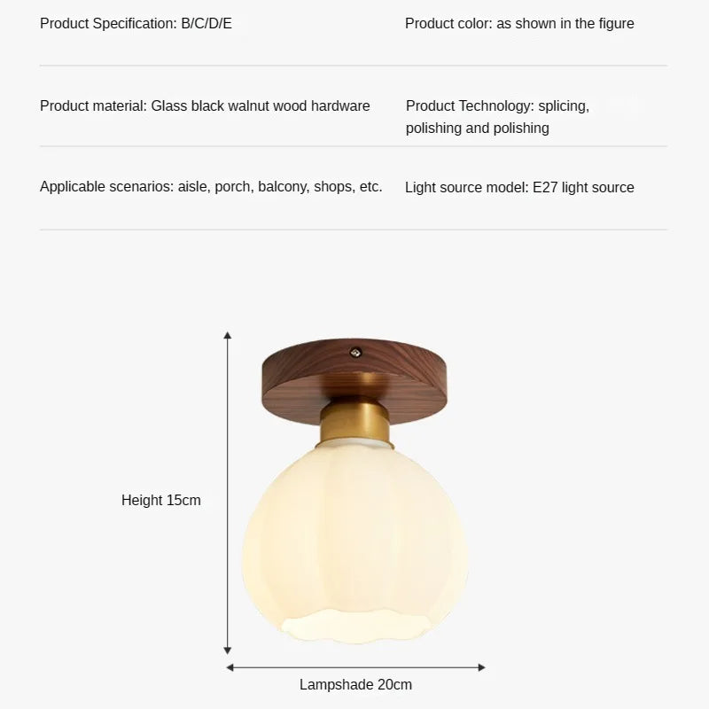 plafonnier vintage simple en verre et noyer pour éclairage domestique