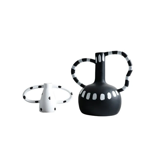 Black And White Polka Dot Double Ear Vase Decoration, Cave Style Homestay Sample Board Room Minimalist Flower Set - vue 7 sur 8