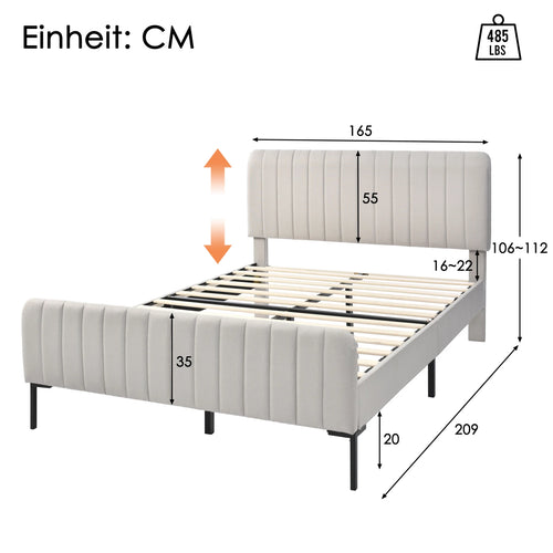 Double Bed, Beige Linen Fabric, with Adjustable Headboard and Slatted Frame, Youth Bed, for Bedroom, Guest Room, 160 x 200 cm