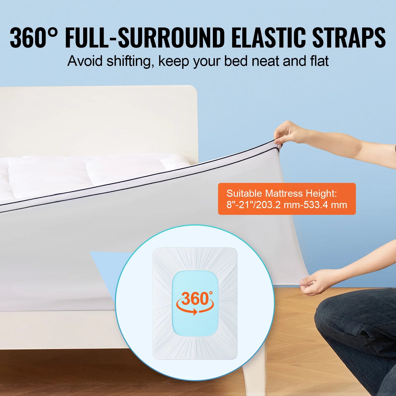 VEVOR Mattress Topper 1" Thickness Fiber Fill Pad with Detachable & Washable Layer, Detachable Bedside Pocket for Holding Items - vue 6 sur 7