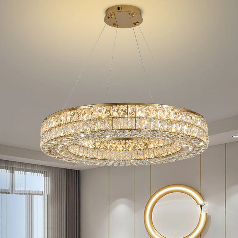 Lumière moderne luxe doré rond plafond lustre en cristal salon intérieur créatif anneau lumière LED lumineuse lustre - vue 5 sur 16