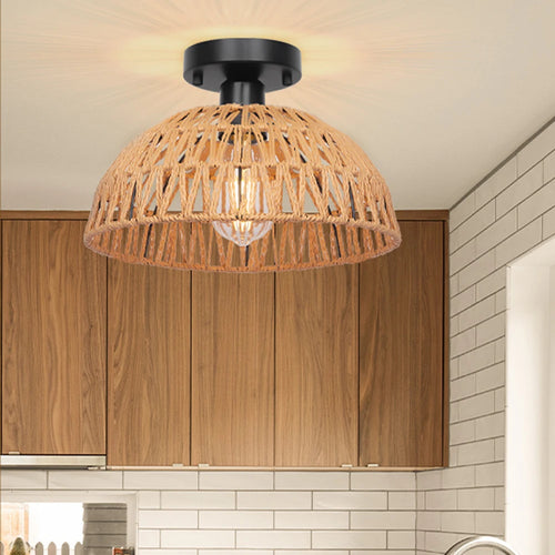 Vintage industrial rattan and hemp rope ceiling light
