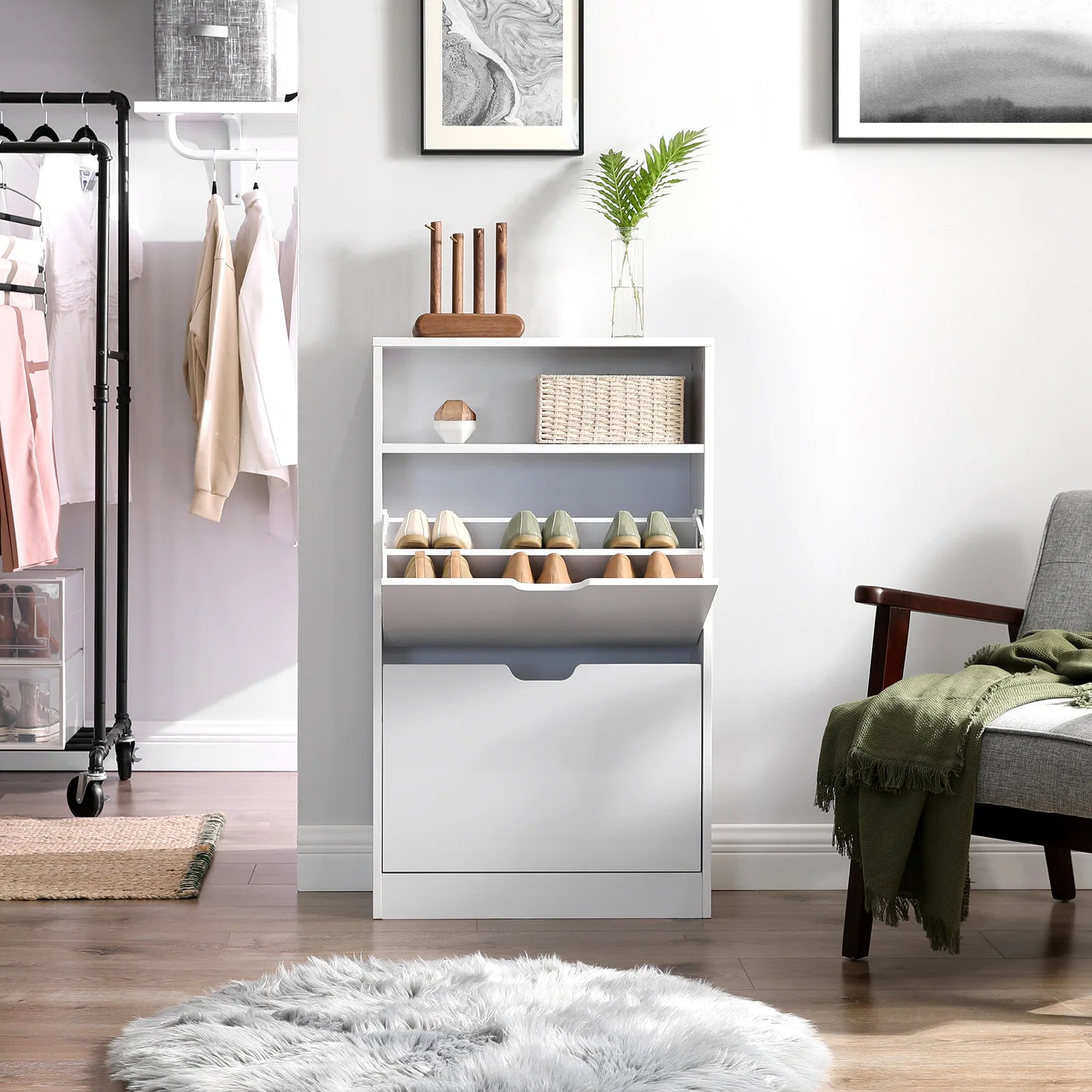 VASAGLE Shoe Cabinet with 2 Hinged Doors, Shoe Rack, Open Compartment, Adjustable Divider, 8-12 Pairs, for Small Entryway