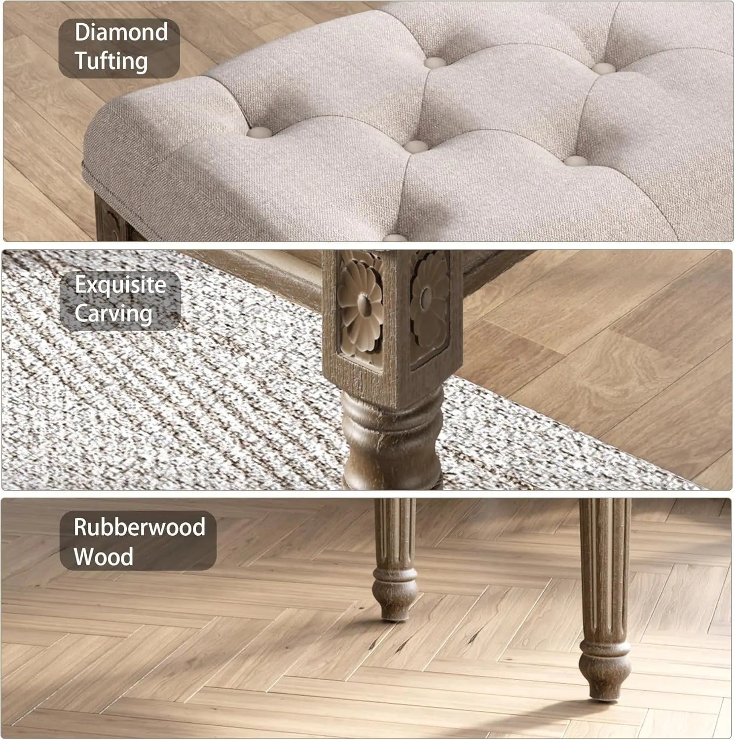 Beige Bench for Dining Room Table, Upholstered Vanity Stool Piano Bench Makeup Stool with Rustic Wood Vanity Stool Foot Rest - vue 4 sur 6