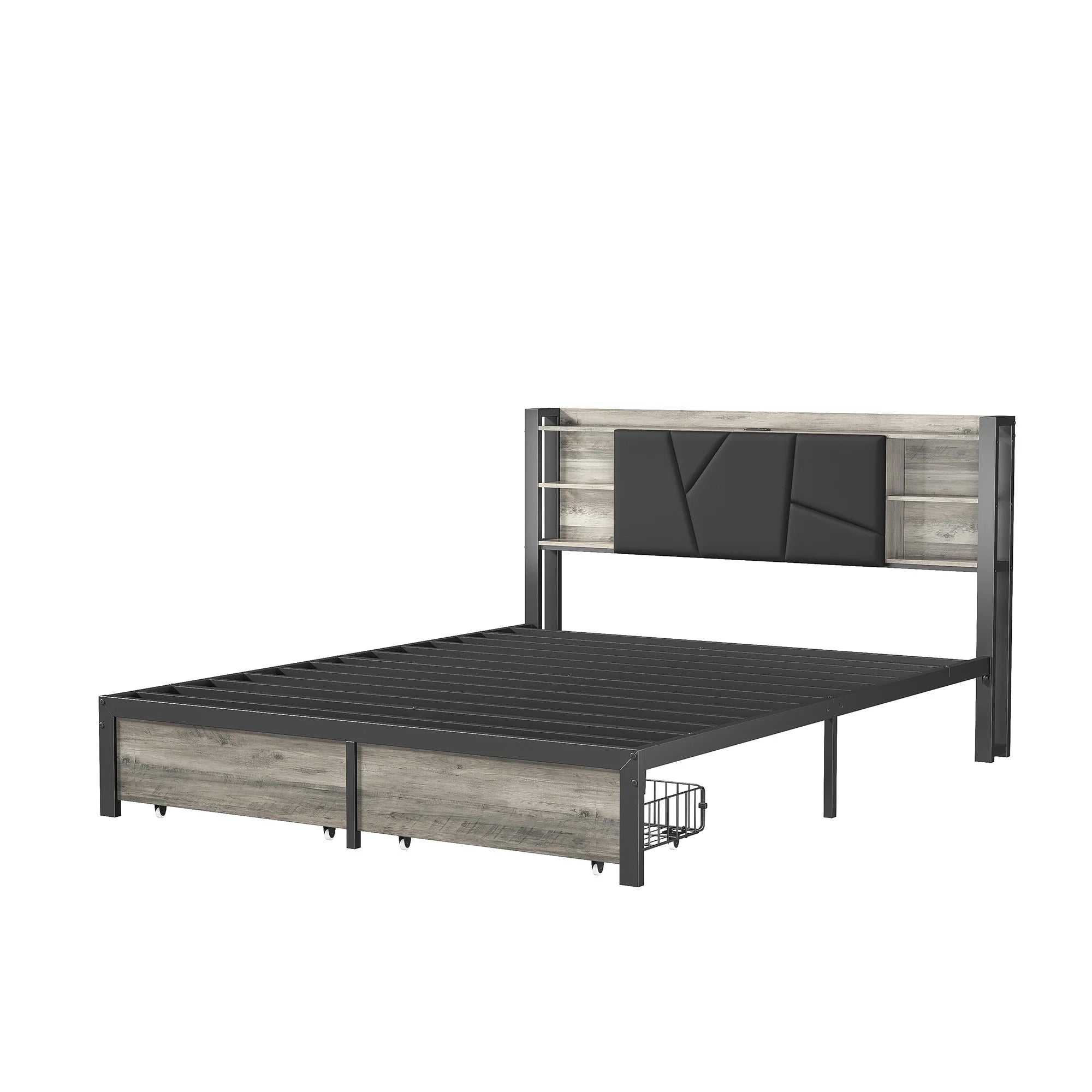 Double Bed with Metal Slatted Base,Platform Bed Frame with LED and 2 Drawers,Headboard with Storage Space,without mattress - vue 5 sur 7