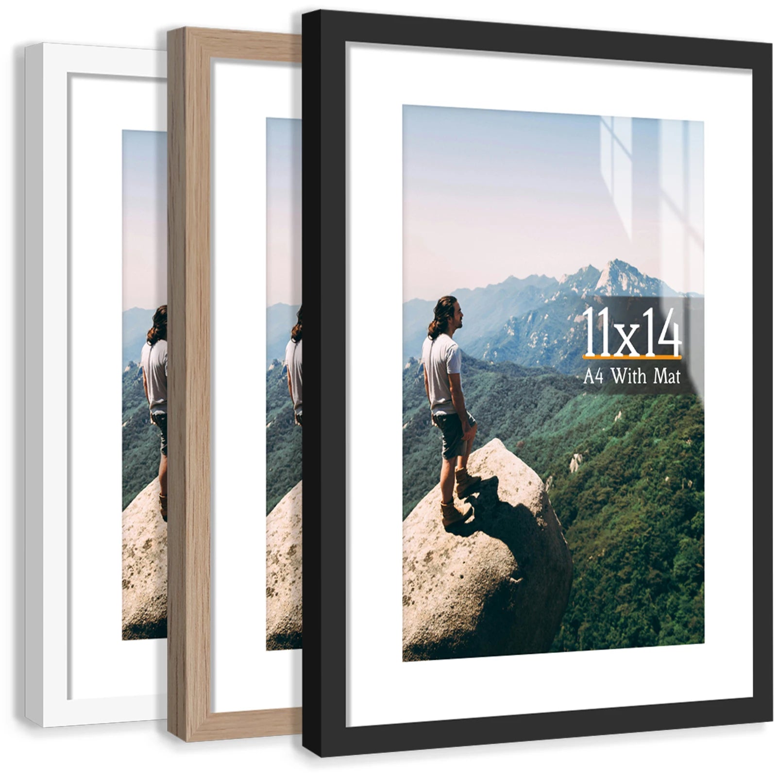 3pcs 11x14 Picture Frames Boxed Set, Display Pictures A4-Size With Mat or 11x14 Without Mat, Black/White/Burlywood Photo Frames - vue 3 sur 9