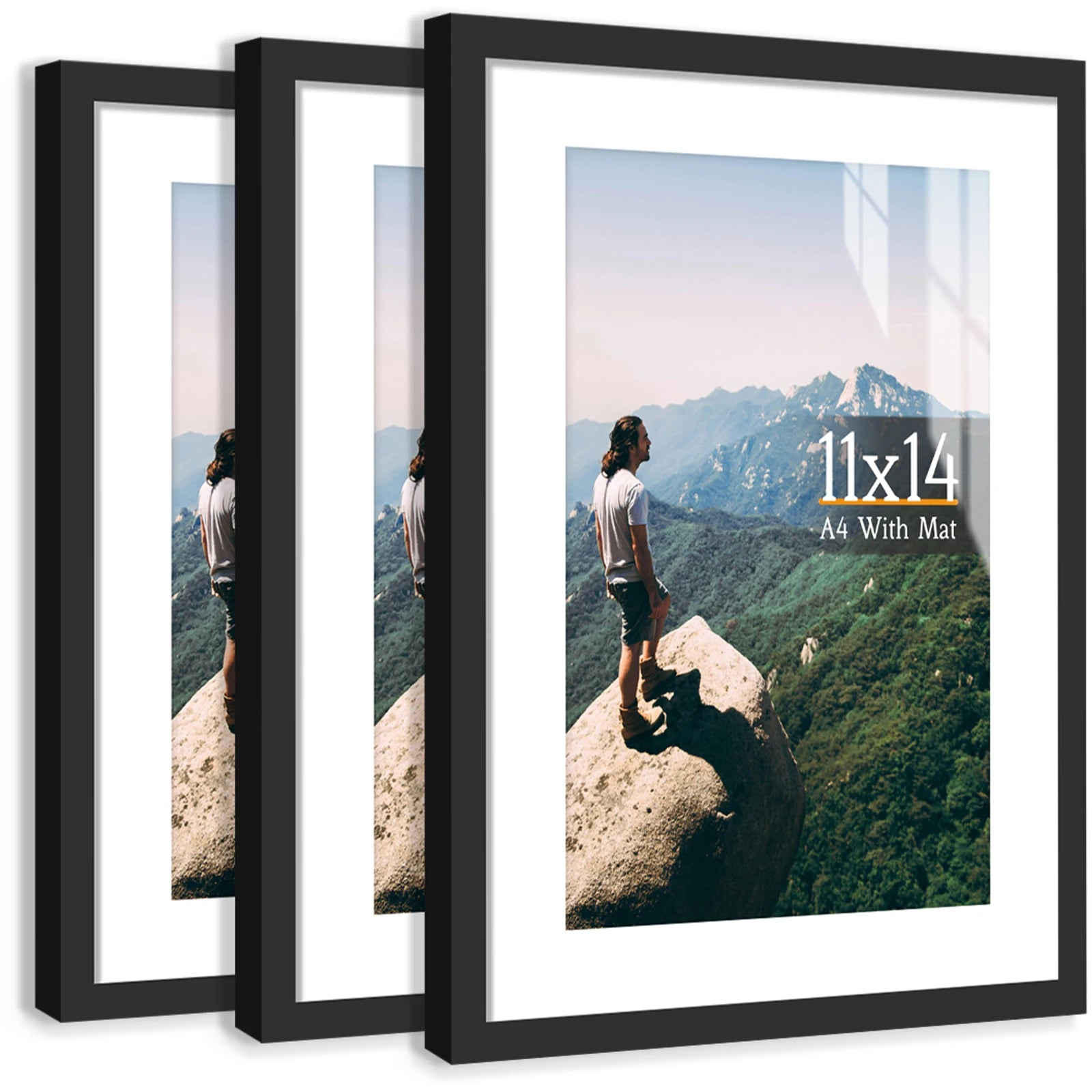 3pcs 11x14 Picture Frames Boxed Set, Display Pictures A4-Size With Mat or 11x14 Without Mat, Black/White/Burlywood Photo Frames - vue 9 sur 9