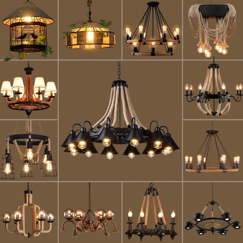 Vintage hemp rope and iron pendant light industrial style - vue 3 sur 12