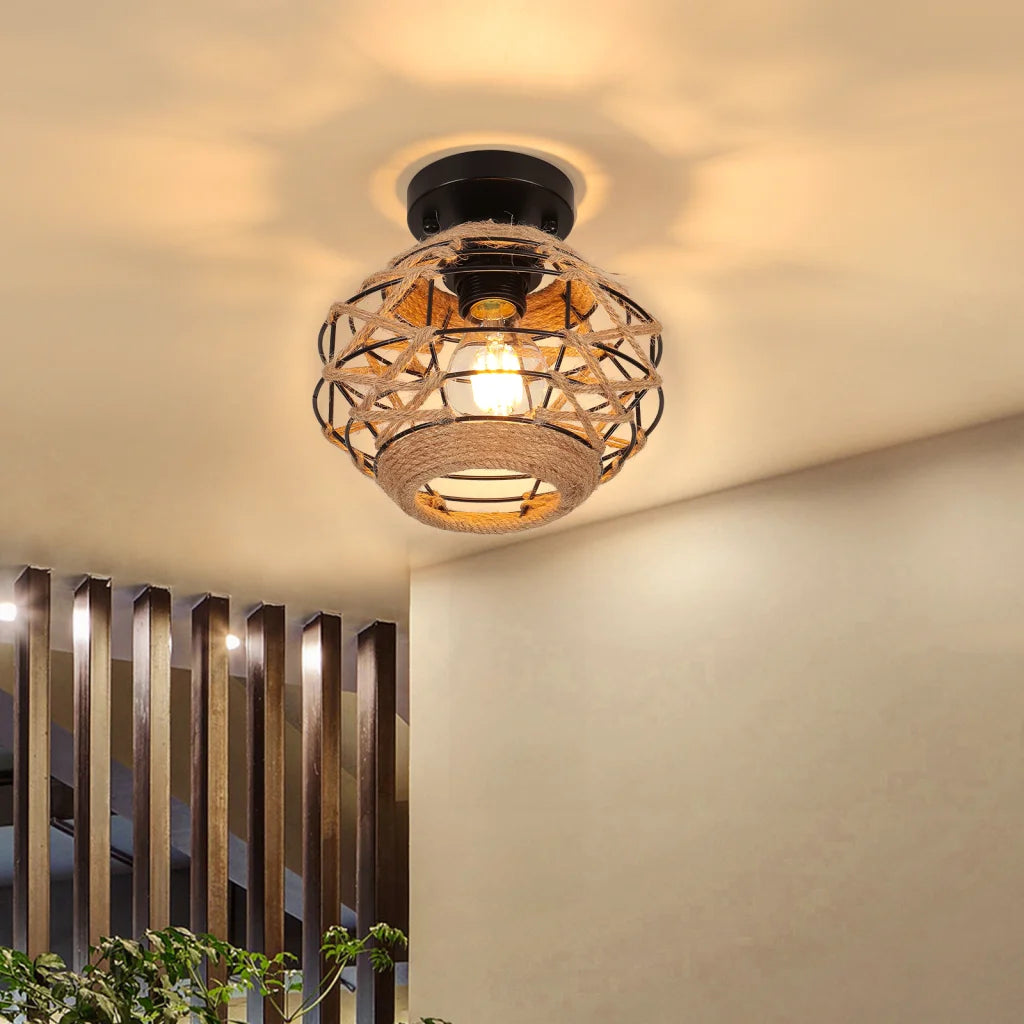 lustre de plafond encastré en rotin vintage rustique - vue 4 sur 15