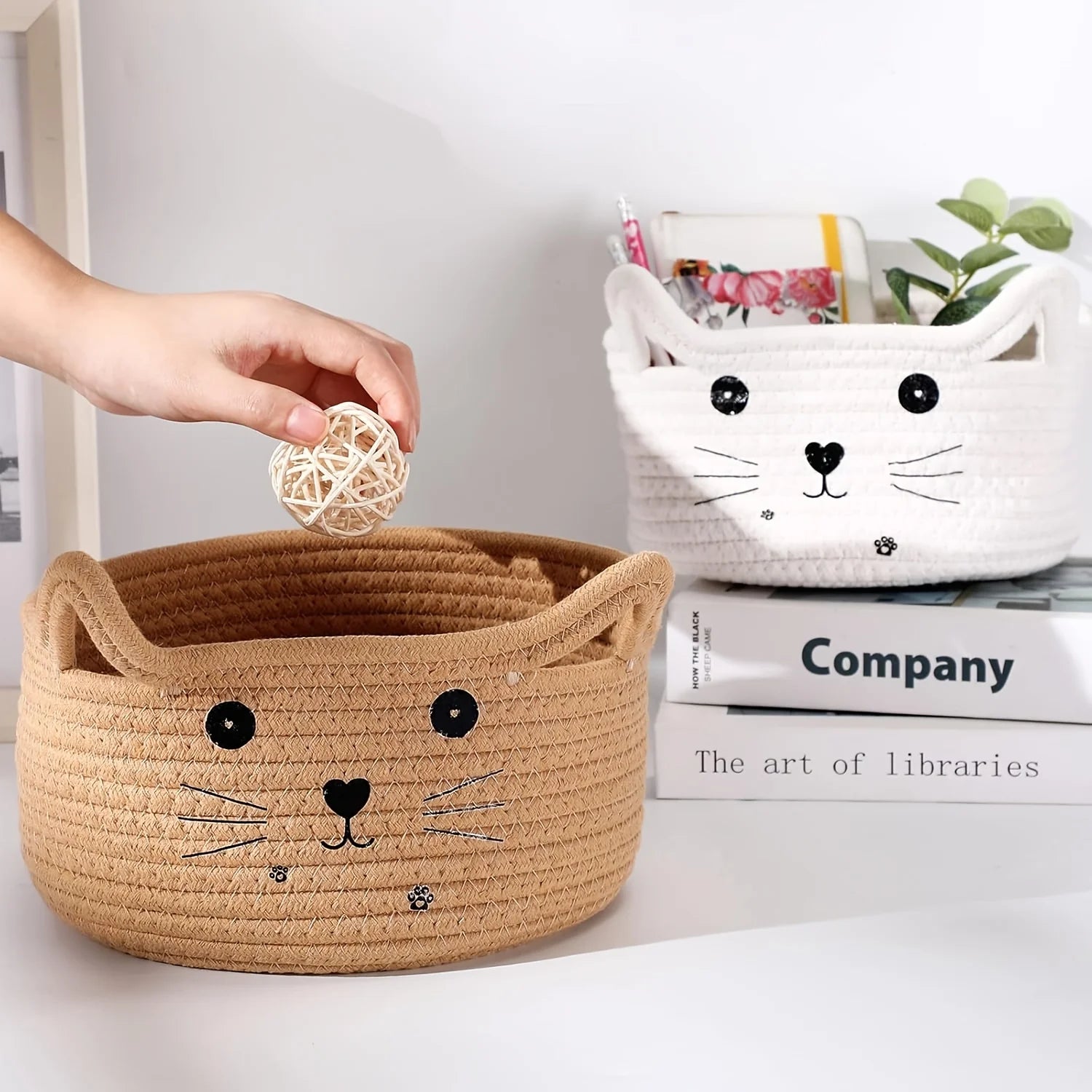 paniers de rangement en coton tissé tête de chat pour bureau et maison - vue 5 sur 11