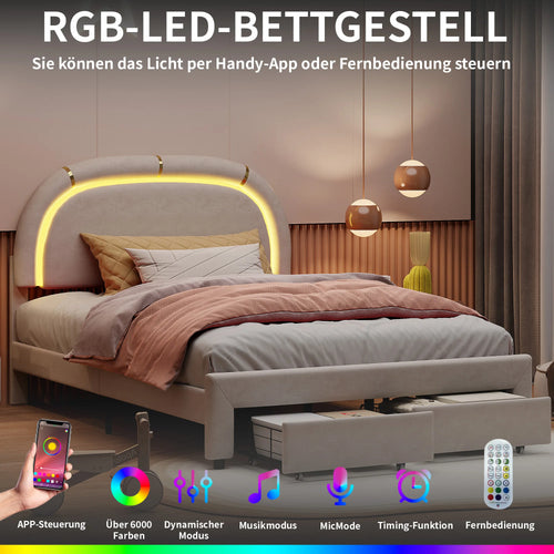 140x200cm Modern Princess Bed, Double Bed Frame with 2 Underbed Drawers, Bed with Metal Mattress Base and Wooden Slats Frame - vue 3 sur 6