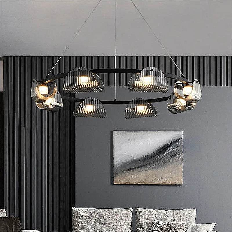 lustre minimaliste italien en verre rayé avec lumières led - vue 2 sur 12