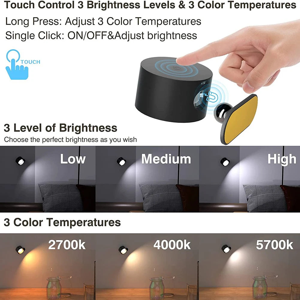 applique murale led rechargeable usb rotation 360° boule magnétique dimmable tactile - vue 4 sur 9